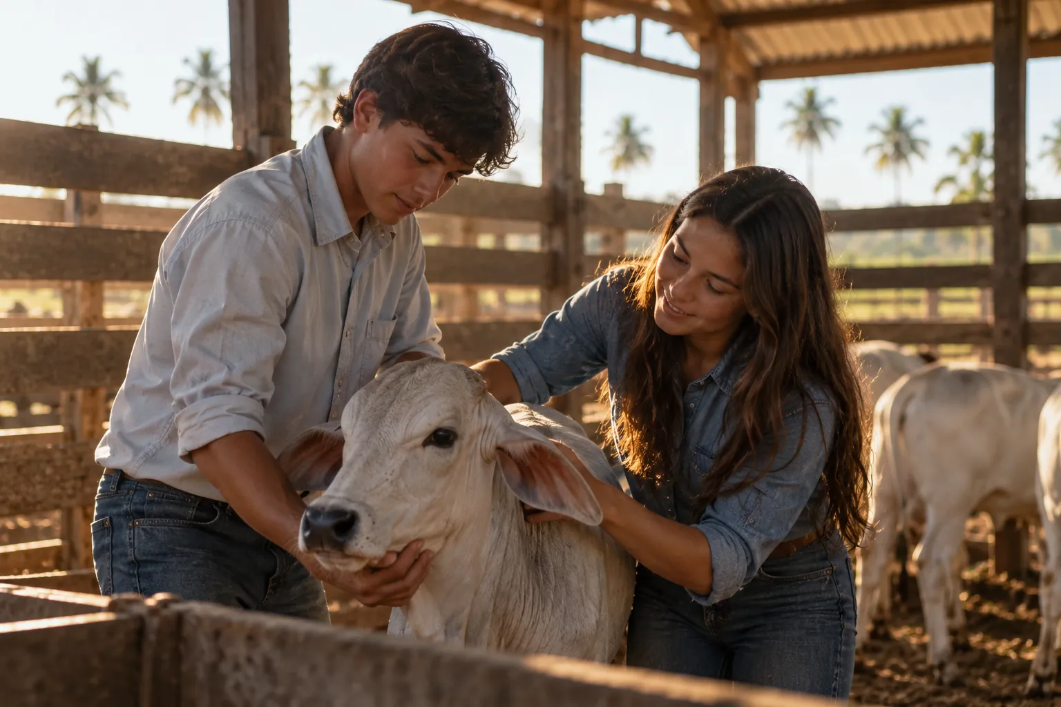 Um jovem e uma jovem acariciam um bezerro no curral