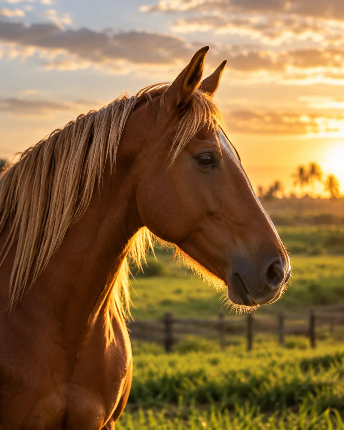 Cavalo alazão de perfil num campo ao fim da tarde