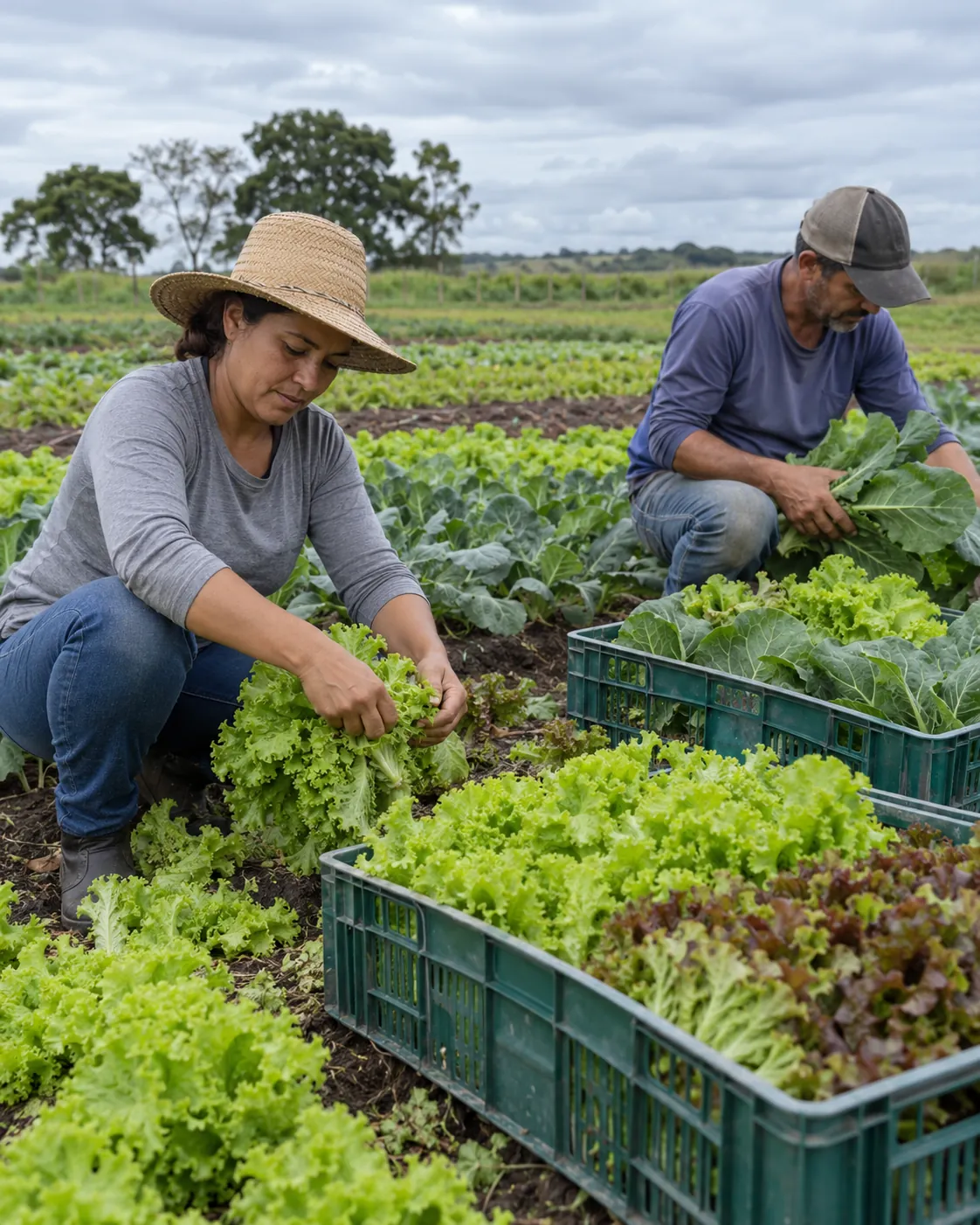 Produtores colhem verduras numa horta