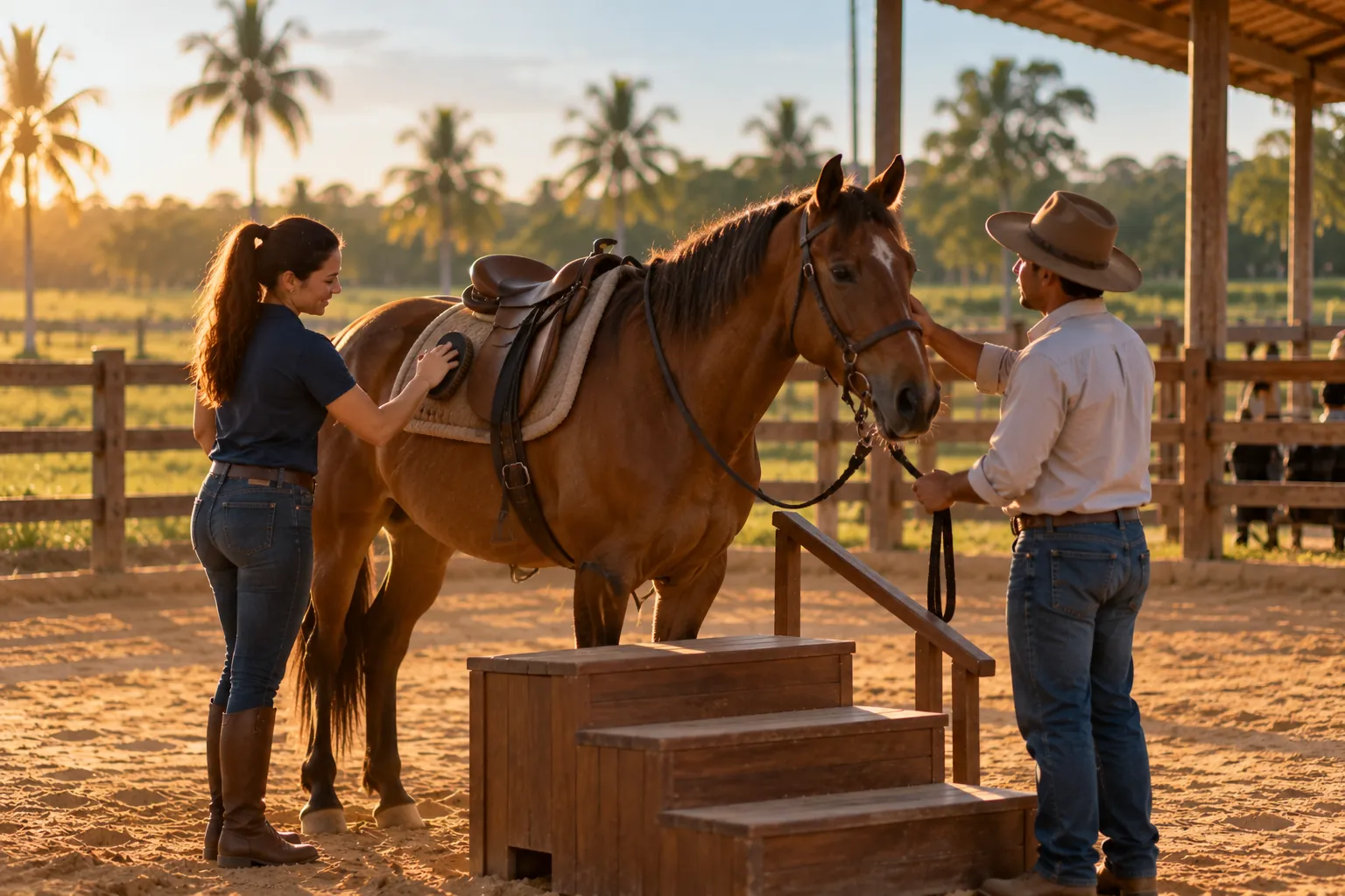 Uma mulher e um homem preparam um cavalo selado junto a uma rampa de montaria