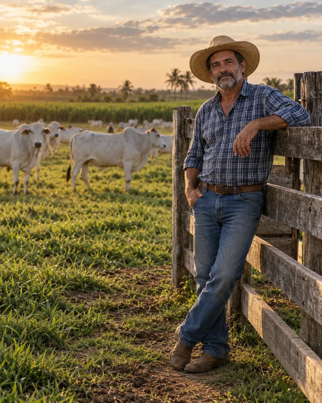 Produtor de chapéu encostado numa cerca ao pôr do sol, com gado Nelore no pasto