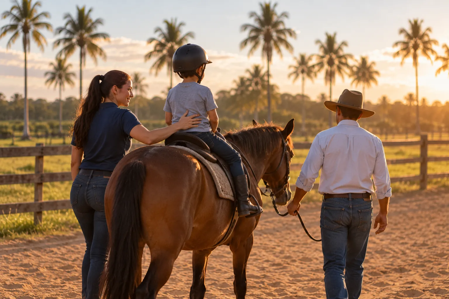 Menino montado num cavalo, conduzido por uma mulher e um homem num picadeiro de areia