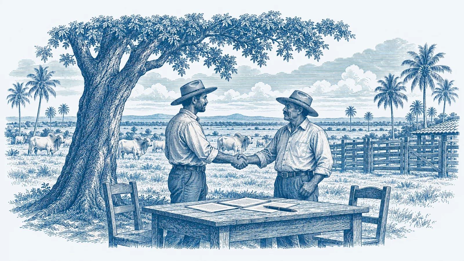 Gravura azul de dois homens apertando as mãos sob uma árvore, ao lado de uma mesa com papéis