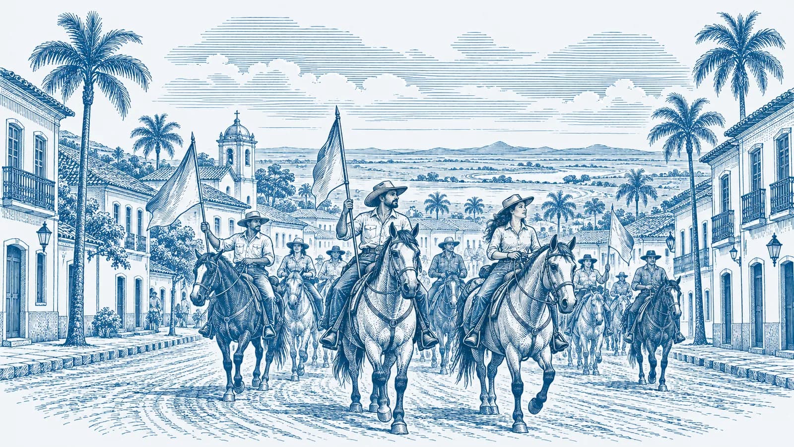 Gravura azul de cavaleiros com bandeiras numa rua antiga