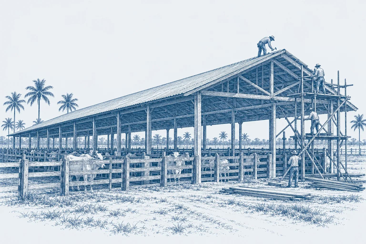 Gravura azul de um pavilhão sendo erguido, com gado no curral