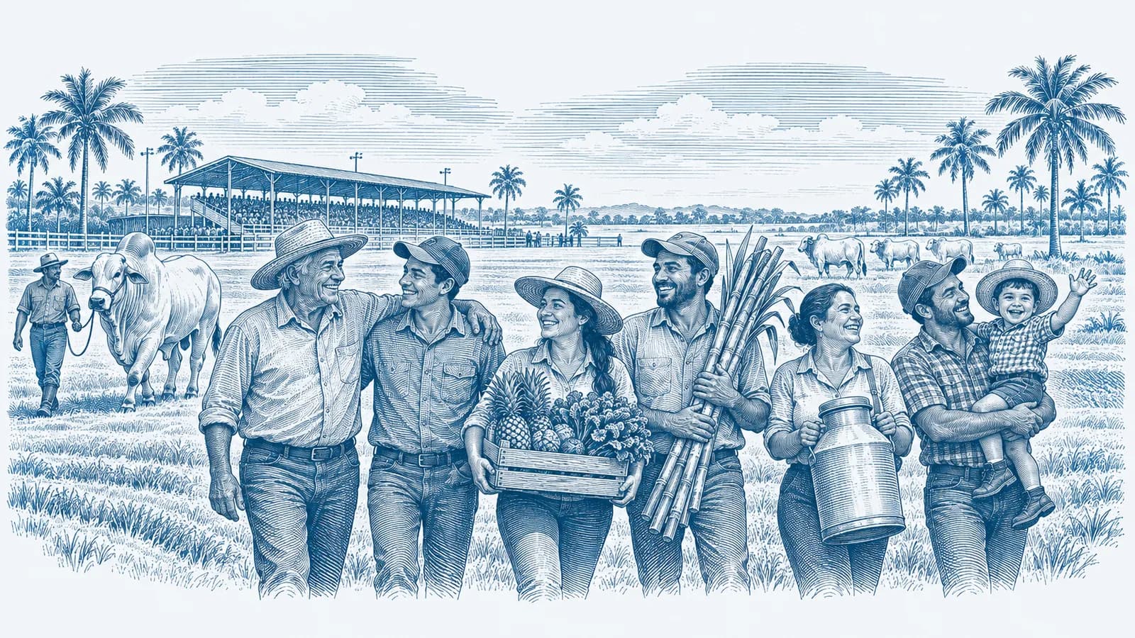 Gravura azul de uma família de produtores caminhando pela feira