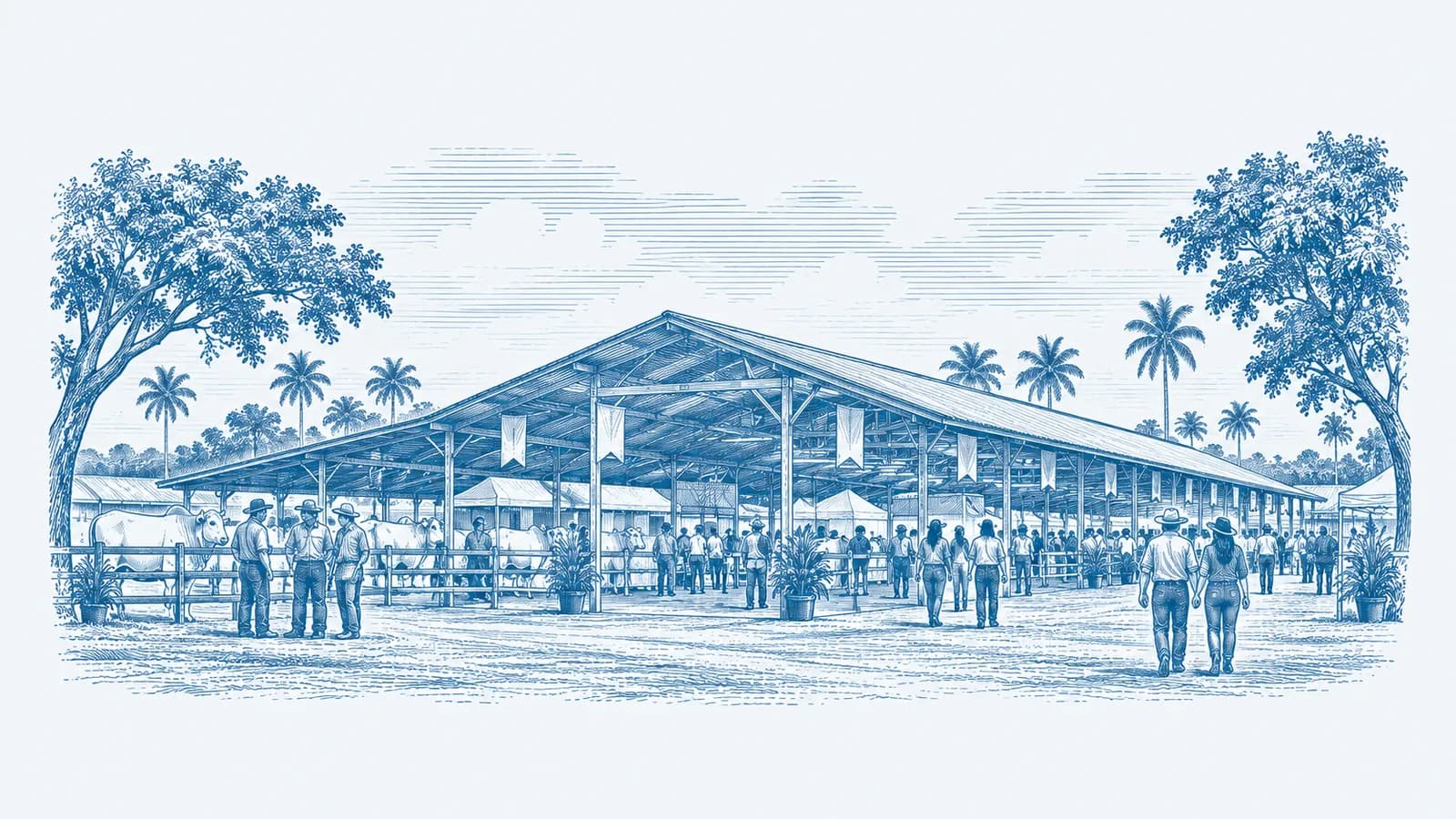 Gravura azul de um grande pavilhão de feira cheio de gente