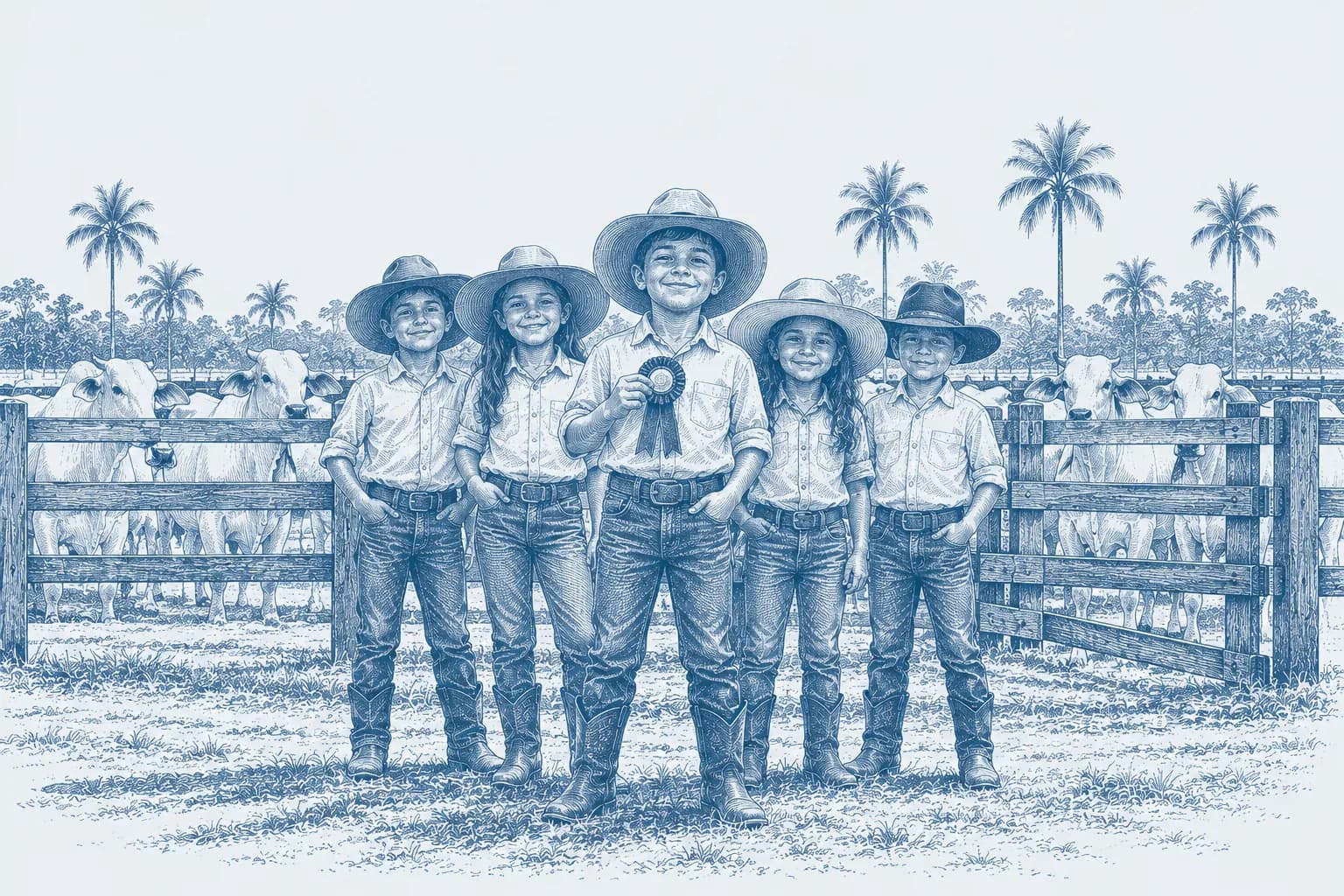 Gravura azul de crianças e jovens de chapéu num curral