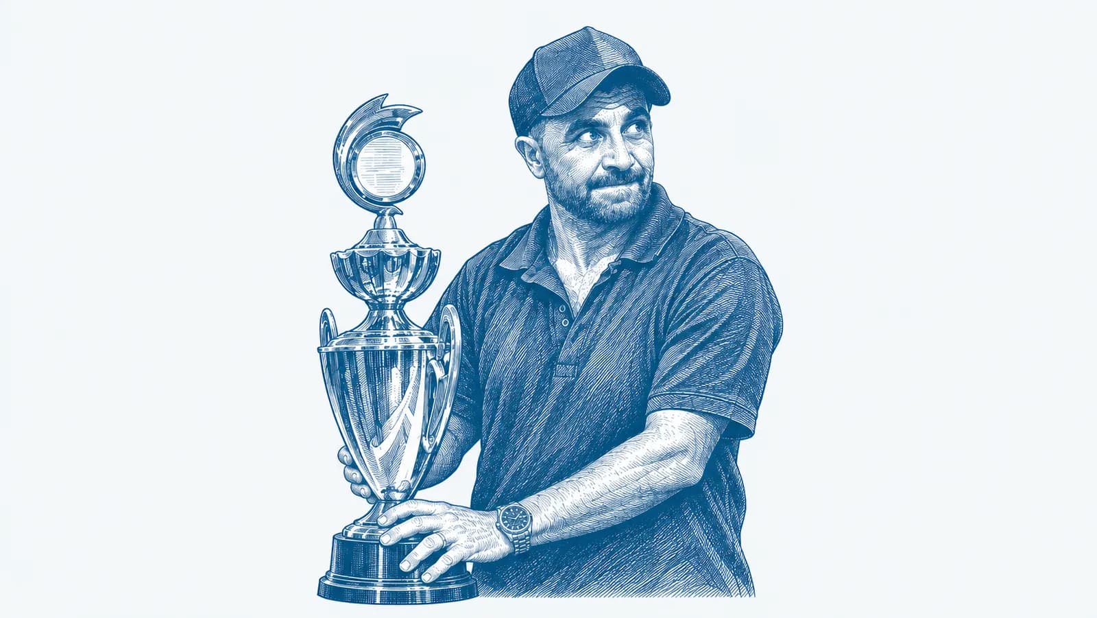Gravura azul de um criador segurando um troféu