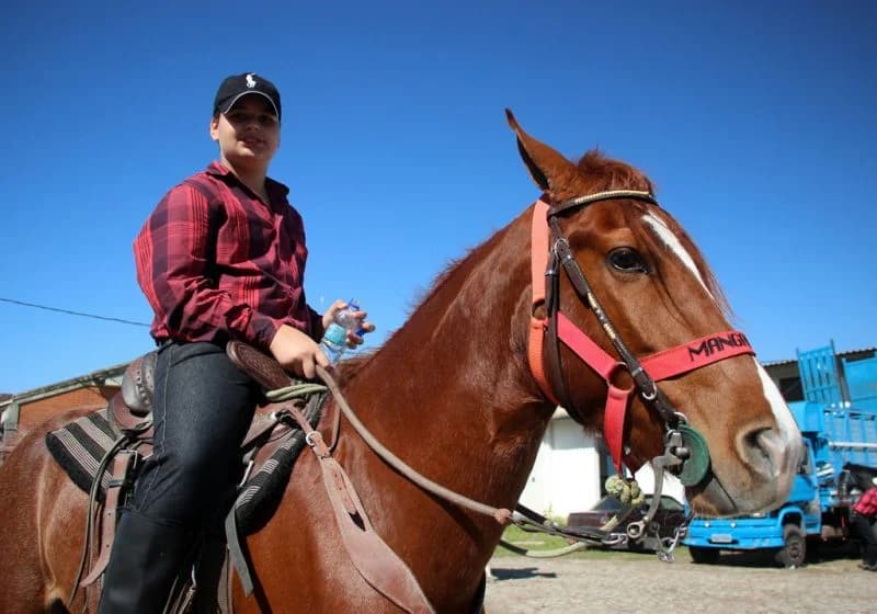 Rapaz montado num cavalo alazão no parque, em 2017