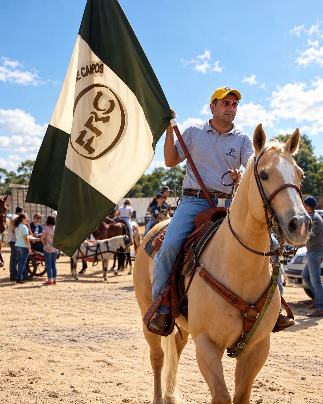 Abinho Neme, presidente da Fundação, a cavalo com a bandeira da FRC
