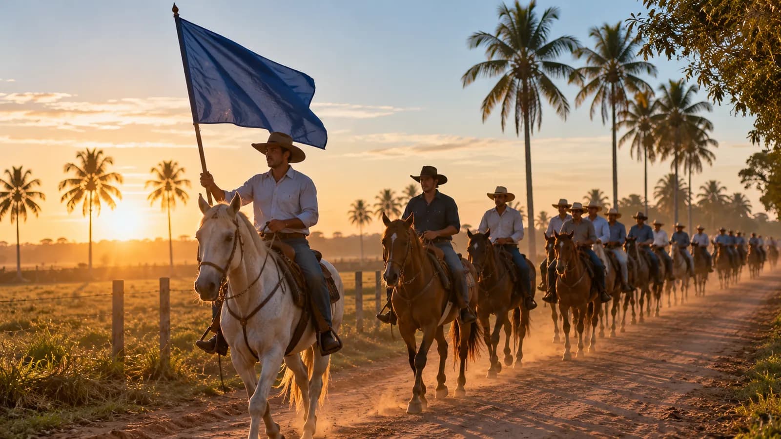 Fila de cavaleiros numa estrada de terra, o primeiro com uma bandeira azul, ao amanhecer