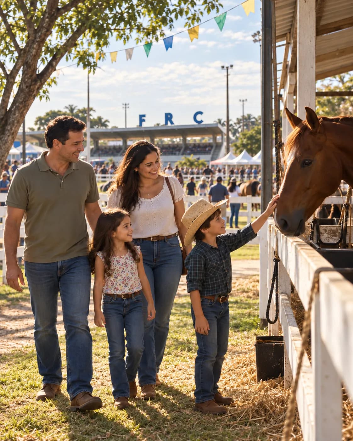 Família caminha entre baias de cavalos numa feira