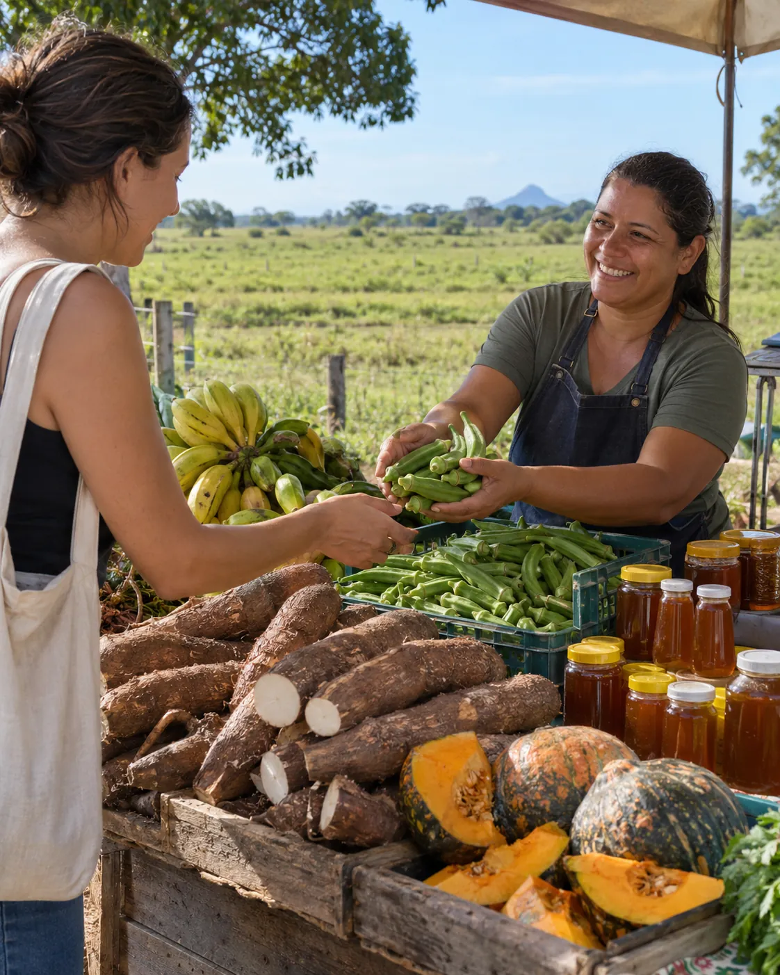 Produtora vende verduras e raízes numa banca de feira