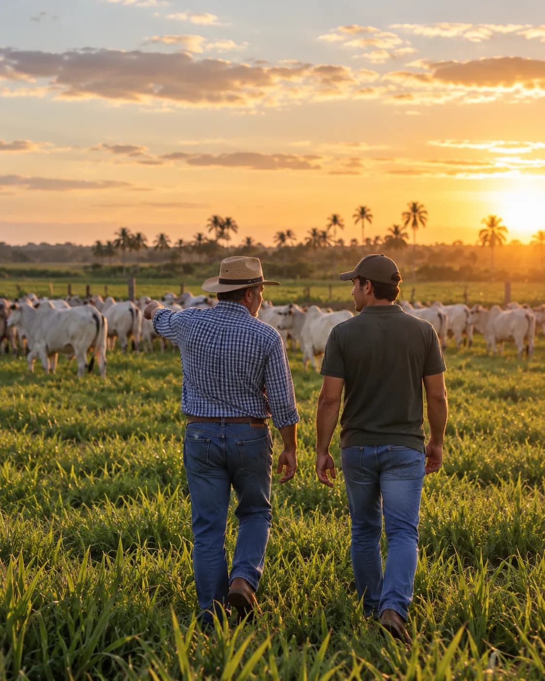 Dois homens caminham entre o gado num pasto ao pôr do sol