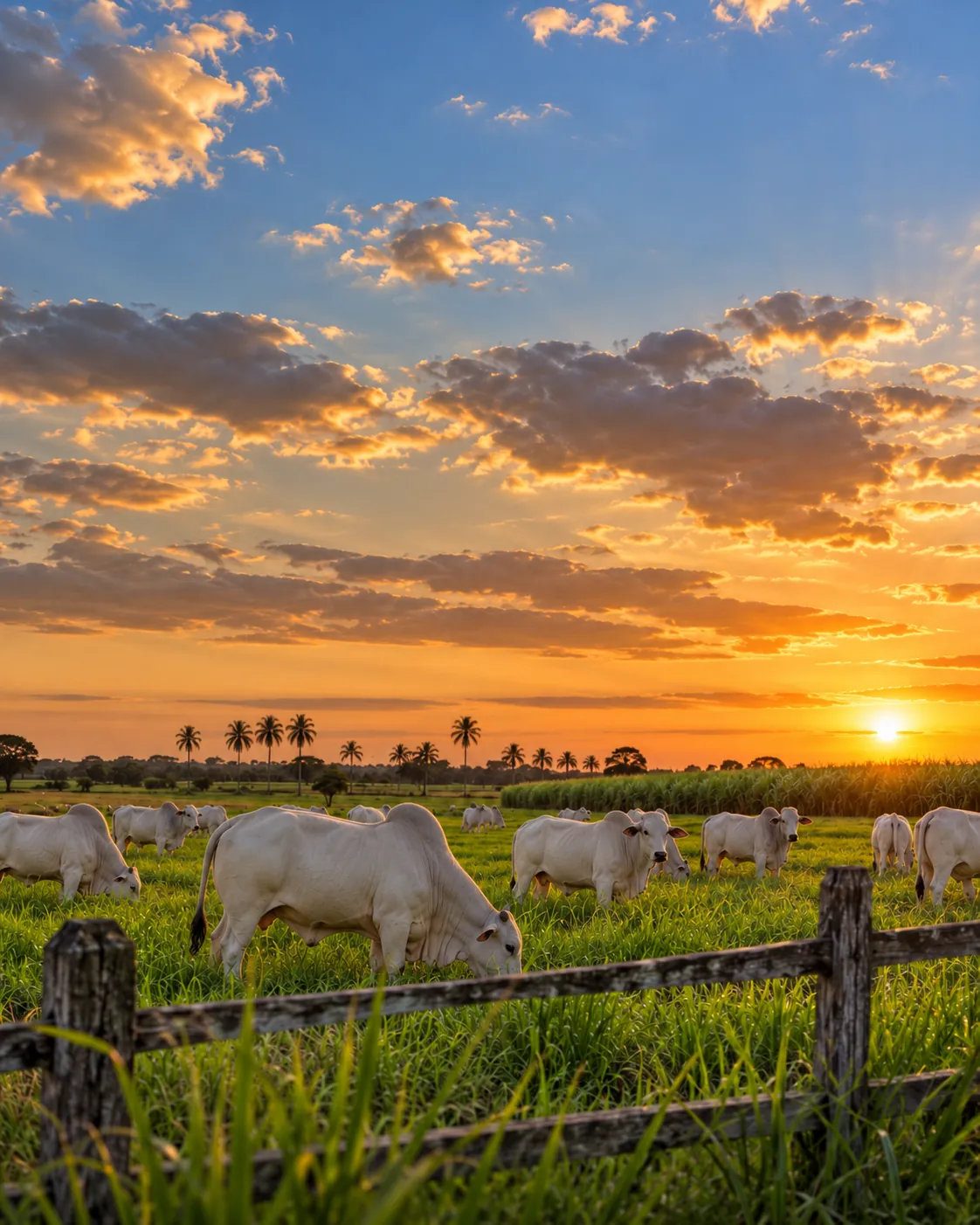 Rebanho Nelore no pasto ao pôr do sol, com palmeiras no horizonte