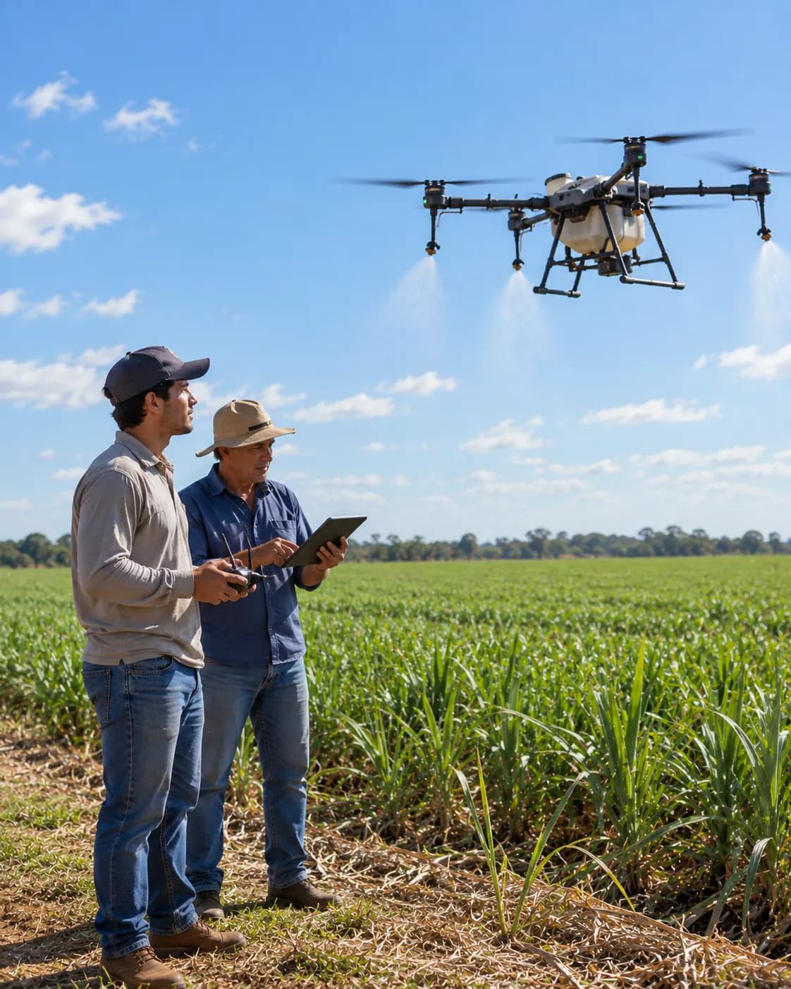 Dois produtores acompanham num tablet um drone que pulveriza a lavoura